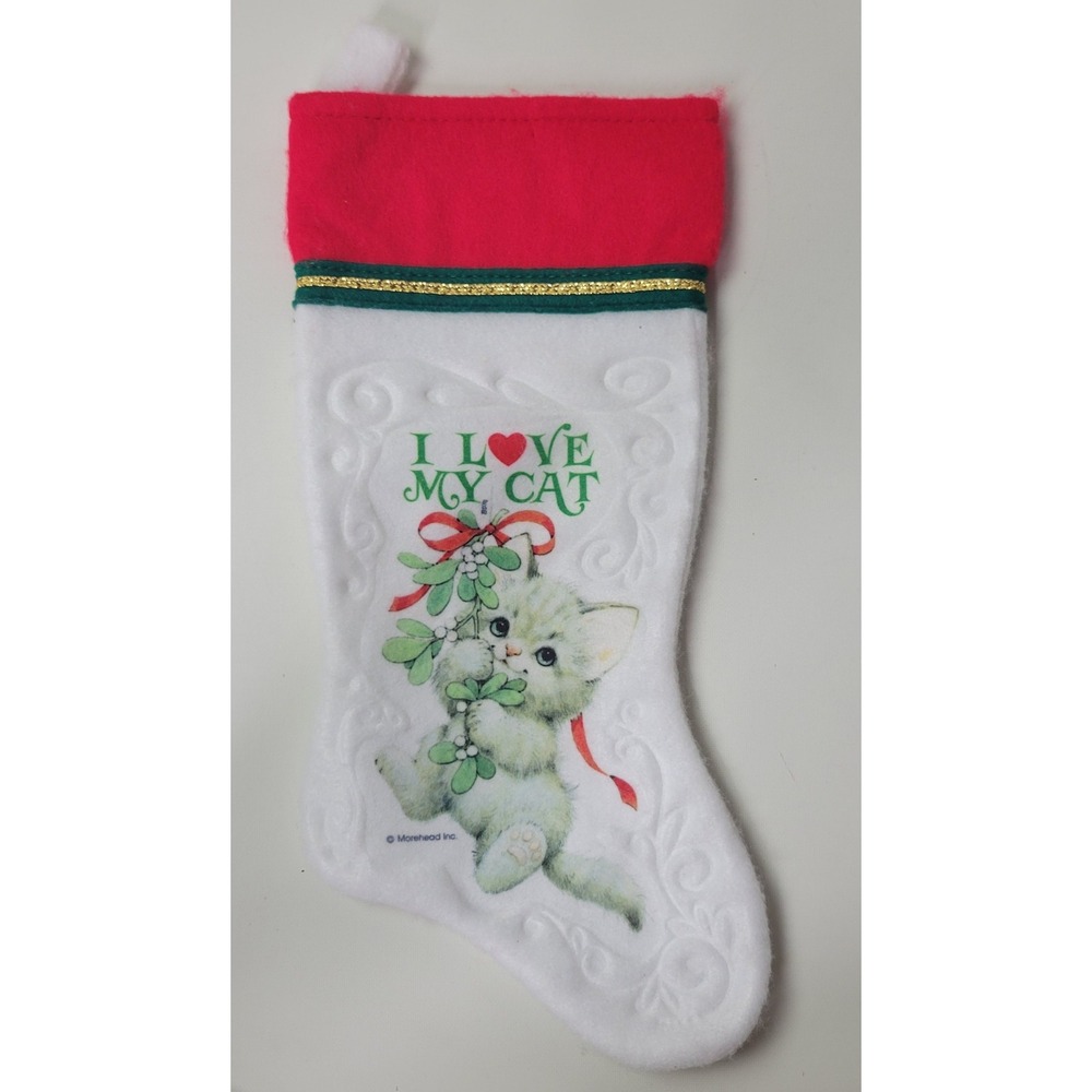 Vintage Morehead Inc I Love My Cat Christmas Stocking Kitten Mistletoe White Red